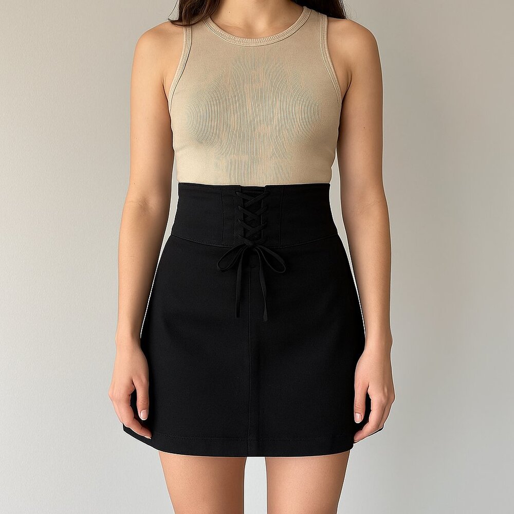 Express Tie Lace Up Stretch Pencil Knee Length Mini Skirt Black Small XS 2